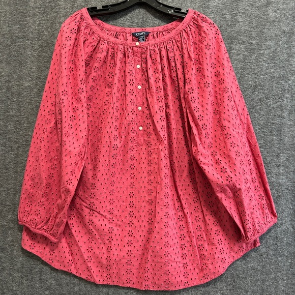 Chaps Tops - Chaps Tunic Top Women 2X Pink Eyelet Boho Peasant Cottagecore Henley Pullover